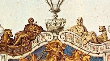 Le couronnement de la poupe est formé par deux figures de femmes assises les jambes étendues. Celle de gauche, allégorie de l'Occident, est coiffée à l'antique et tient un sceptre. Celle de droite symbolise l'Orient, elle est vêtue à l'orientale.