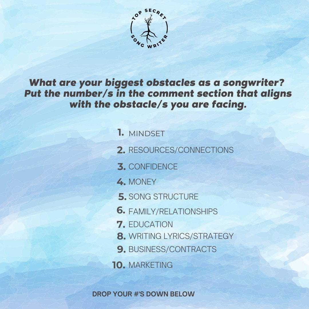 TopSecretSong's tweet photo. What are your biggest obstacles as a songwriter? Put the number/s in the comment section that aligns with the obstacle/s you are facing. 

#topsecretsongwriter
#songwriter
#musicians 
#musicheals 
#motivation https://t.co/BoAhJHn9lx