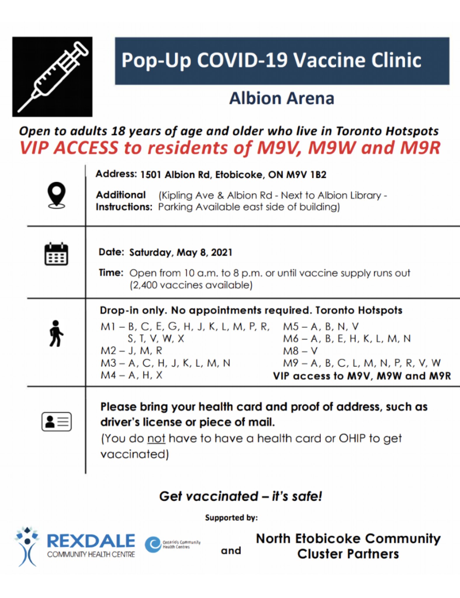 Vaccine Hunters Canada On One Last Mobile Clinic Today At Albion Arena Again M Hotspots Only Same As Woodbine Priority Line For M9v M9r And M9w Covid19 Covid19vaccine Covid19on Vhcon