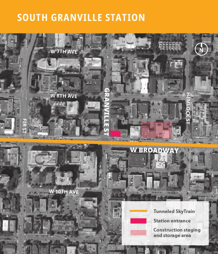 The sites adjacent to station entrances need to be used for construction staging/storage. This is needed if corridor impacts are to be limited (unlike Canada Line).Many more sites would have to be acquired for staging/storage if buildings at stations happened right away. 2/3