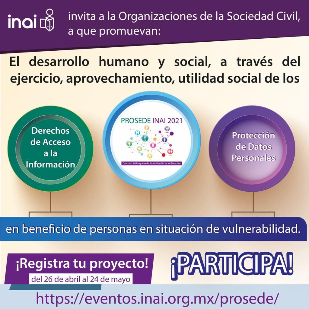 INAImexico's tweet photo. 📌 ¿Eres OSC? Te invitamos a participar en el Concurso del Programa de Sensibilización de los Derechos de Acceso a la Información Pública y de Protección de Datos Personales #PROSEDE2021.
✅Detalles https://t.co/KUjsVi7llV https://t.co/GasfMECcIh