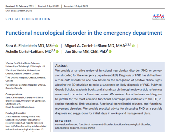 FND in the Emergency Department. A new review for  @AcademicEmerMed with Sara Finkelstein, Miguel (ED) and Achelle (Neuro) Cortel-LeBlanc. Open access -  https://onlinelibrary.wiley.com/doi/full/10.1111/acem.14263. A quick thread , especially for ED folks 1/..