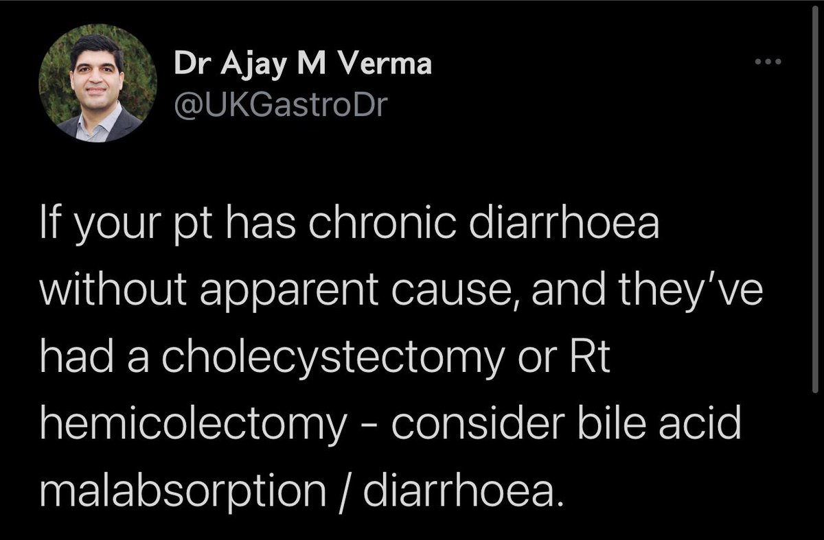 Chronic diarrhoea Look at medication as a cause.Often a symptom of IBSConsider IBD (check faecal calprotectin) & flag cases up We don’t want to miss or see pts with IBD lateConsider BAM Don’t forget coeliac disease is common (1%) see  #GastroTwearl  below4/7  https://twitter.com/ukgastrodr/status/1370786142761717761