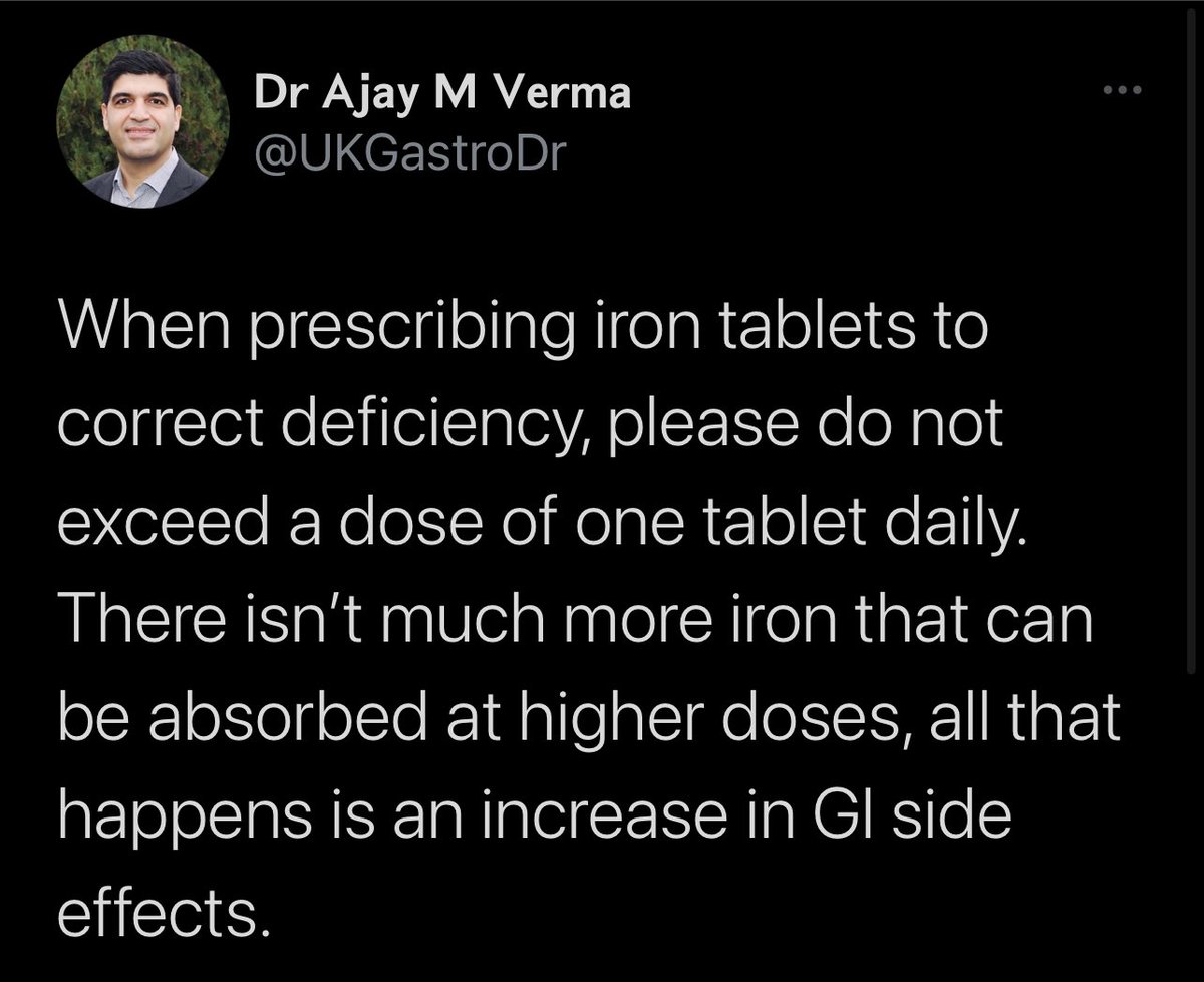 And how can we forget about iron deficiency anaemia?  See  #GastroTwearl below Also remember that when given iron tablets - 𝗻𝗼 𝗺𝗼𝗿𝗲 𝘁𝗵𝗮𝗻 𝗽𝗲𝗿 𝗱𝗮𝘆! 6/7  https://twitter.com/ukgastrodr/status/1322543496977403905
