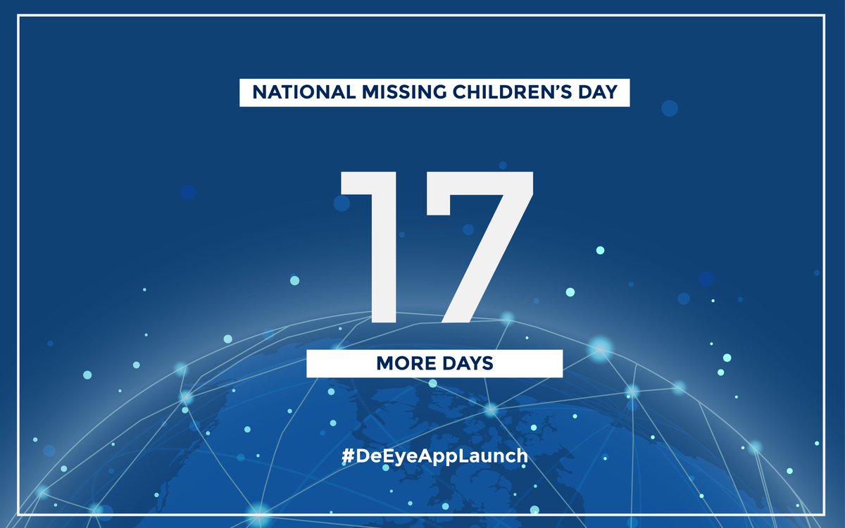 DeEyeApp's tweet photo. We're down to 17 days left until the #AppLaunch!  
.
.
.
#DeEyeAppLaunch
#DeEyeApp
#MissingChildren
#MissingChild
#MissingPersons
#NationalMissingChildrensDay
#AppLunch
#App https://t.co/832aoTeUSz
