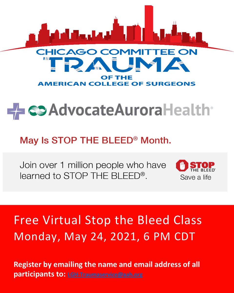 StoptheBleed Chicago (@stopthebleedchi) on Twitter photo Virtual Stop the Bleed Class
May 24, 2021, 6 PM CDT
Email LGH-Traumaservice@aah.org
Supplies needed:
1. Gauze or piece of cloth/ t-shirt/dish cloth,
2. Fake limb or pillow/ stuffed animal,
3. Optional: commercial CAT tourniquet
<a href="/ChicagoCOT/">ChicagoTrauma</a> <a href="/acsSTOPTHEBLEED/">ACS Stop the Bleed</a> <a href="/LenworthJacobs/">Lenworth Jacobs</a> Virtual Stop the Bleed Class
May 24, 2021, 6 PM CDT
Email LGH-Traumaservice@aah.org
Supplies needed:
1. Gauze or piece of cloth/ t-shirt/dish cloth,
2. Fake limb or pillow/ stuffed animal,
3. Optional: commercial CAT tourniquet
<a href="/ChicagoCOT/">ChicagoTrauma</a> <a href="/acsSTOPTHEBLEED/">ACS Stop the Bleed</a> <a href="/LenworthJacobs/">Lenworth Jacobs</a>