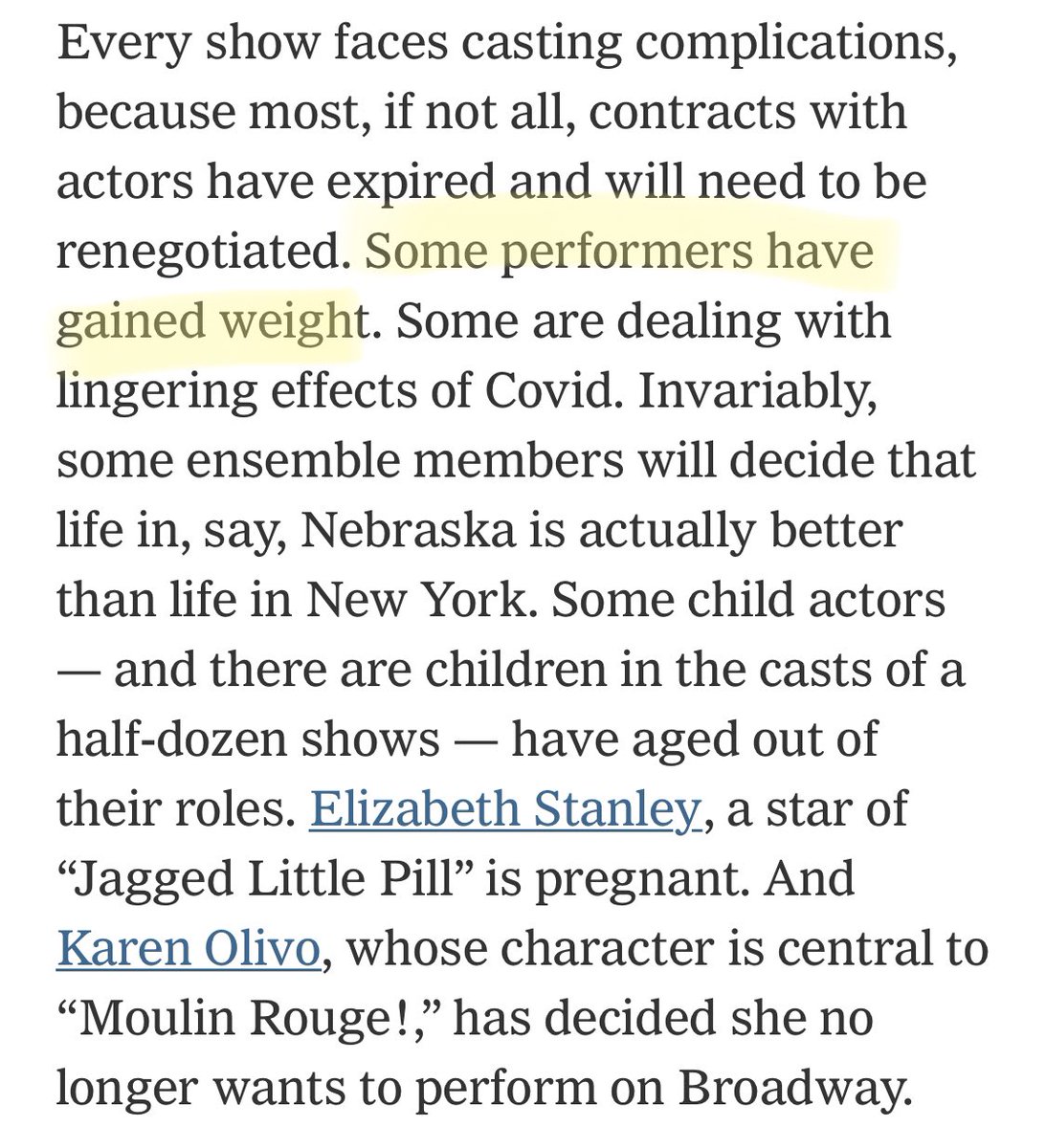 Michael Paulson (NYT) made this bonkers claim: one reason B'way theaters are slow to reopen is "Some performers have gained weight." He's been rightfully called out for fatshaming, & has reworded it twice ( it's still not great). But there's another problem with this paragraph 