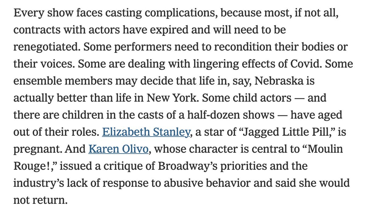 Michael Paulson (NYT) made this bonkers claim: one reason B'way theaters are slow to reopen is "Some performers have gained weight." He's been rightfully called out for fatshaming, & has reworded it twice ( it's still not great). But there's another problem with this paragraph 