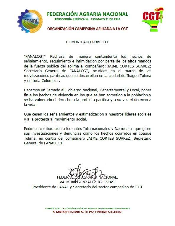 cgt_fanal's tweet photo. Comunicado público
@CGTCol @IvanDuque @OITAndina @ADS_Americas https://t.co/JOm4p1yOD3