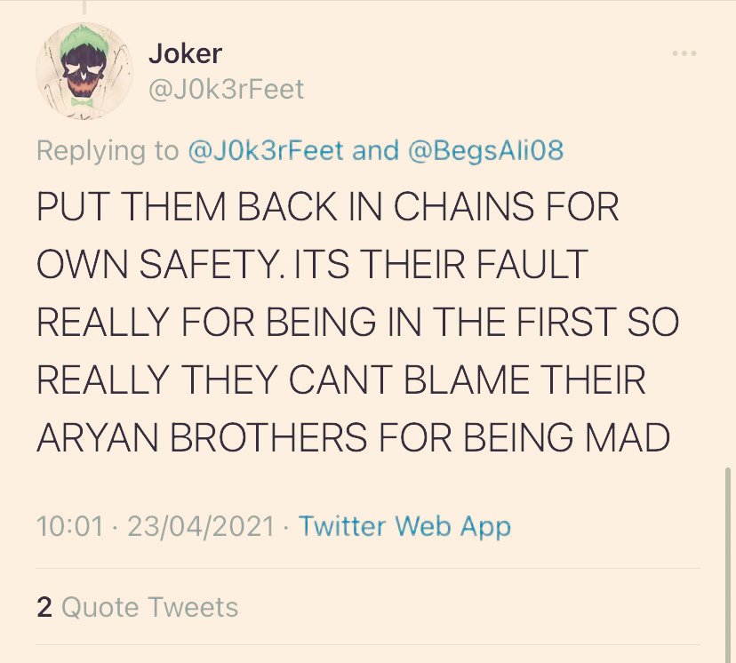 Here we have Resisting Hate member saying "Put them back in chains"