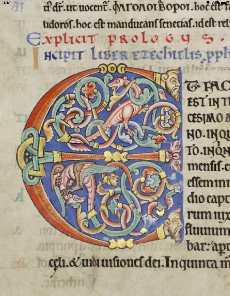 Initial 'E'(t) at the beginning of Ezekiel inhabited by dragons #MS003TheDoverBibleCambridge, Corpus Christi College, MS 003; The Dover Bible, Volume I; 12th century; f.222v  @ParkerLibCCCC