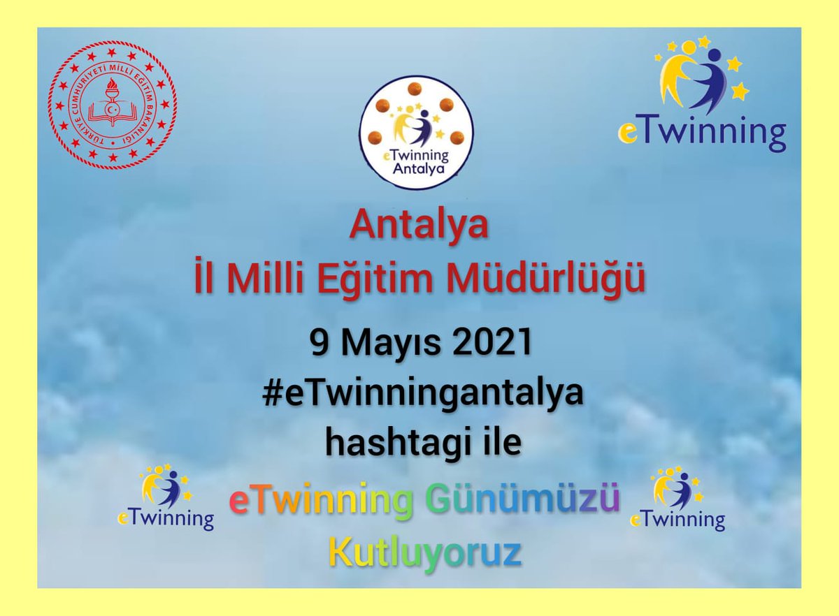 9 Mayıs 2021 Pazar günü saat 10.00-11.00 arasında #eTwinningantalya hashtagi ile eTwinning Günümüzü kutluyoruz...<a href="/ziyaselcuk/">Ziya Selçuk</a> <a href="/tcmeb/">Millî Eğitim Bakanlığı</a> <a href="/adnanboyaci/">Adnan BOYACI</a> <a href="/tretwinning/">eTwinning Türkiye</a> <a href="/AntalyaValilik/">T.C. Antalya Valiliği</a> <a href="/huseyiner07/">Hüseyin ER</a> <a href="/antalyamem07/">Antalya İl Millî Eğitim Müdürlüğü</a> <a href="/AntalyaMemArge/">ANTALYA MEM ARGE</a>