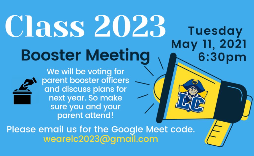 Parents of Class 2023:
Meeting/Election is on Tuesday, May 11 We can't wait to see you all there!! 🙂 #BeRevolutionary #WeAreLc #Lc2023 <a href="/BoosterLCHS2023/">LCHS Class of 2023🎓 Boosters</a> <a href="/LCHS__2023/">LCHS Patriots Class of 2023</a> <a href="/LCHS_Patriots/">Lakeview Centennial Patriots 🎓</a>