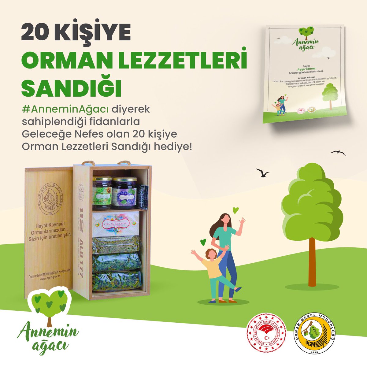 #AnneminAğacı diyerek fidan sahiplenenlere sürprizimiz var!🎁

#AnneminAğacı etiketi ile sertifikanızı yorumda paylaşın, 20 Orman Lezzetleri Sandığı’ndan biri sizin olsun.🌱

Çekilişe katılmak için; RT etmeyi ve hesabımızı takip etmeyi unutmayın.😊

👉anneminagaci.com