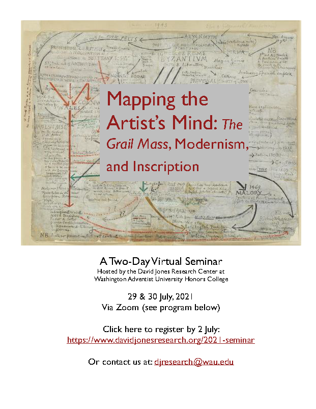 davidjonessoc's tweet photo. Registration open: David Jones Research Center's Two-Day virtual seminar on "The Grail Mass, Modernism and Inscription" (29 &amp; 30 July, via Zoom). See attached poster for details. Register here:https://t.co/GZCzXFZ3Re https://t.co/AhzMGIxFbM
