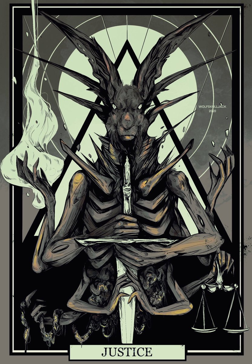 WolfSkullJack's tweet photo. The Justice Card-
The Buck Rabbit dealing out what is just and fair. What goes around comes around.

I would LOVE to do a whole tarot or oracle deck at some point. Let me know what card you want to see next. https://t.co/ql7BxaCQbB