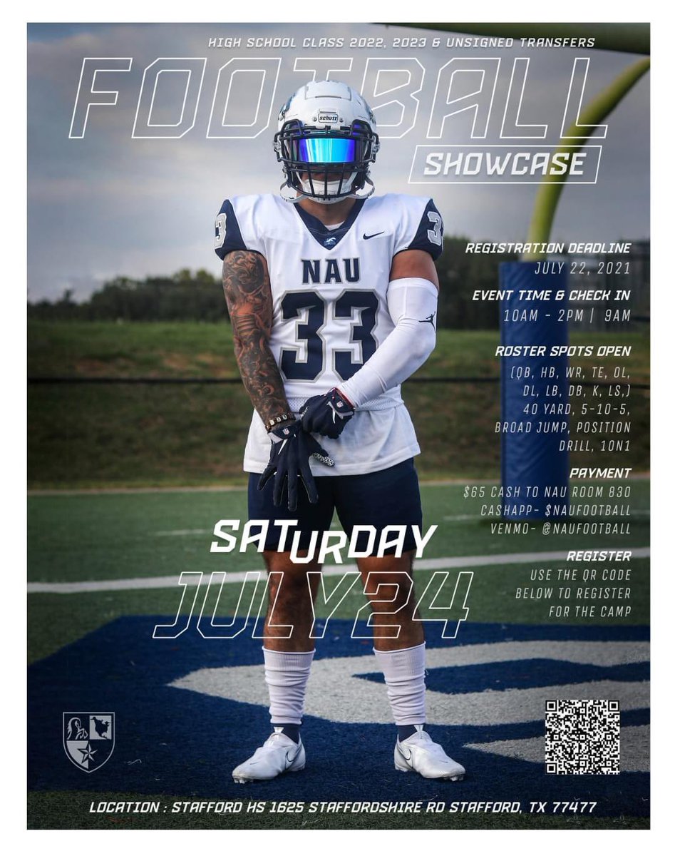 Houston 🤘🏾, get ready 👀... NAU FOOTBALL SHOWCASE 🐎🔵⚪️ JULY 24TH 🗓 CALLING OUT ALL BALLERS 😈!! The future starts here ⬇️ #2TALLION2TAKEOVER 🐎#️⃣2️⃣2️⃣ #GoStallions 🐎 #HoofsUp 🔵⚪️