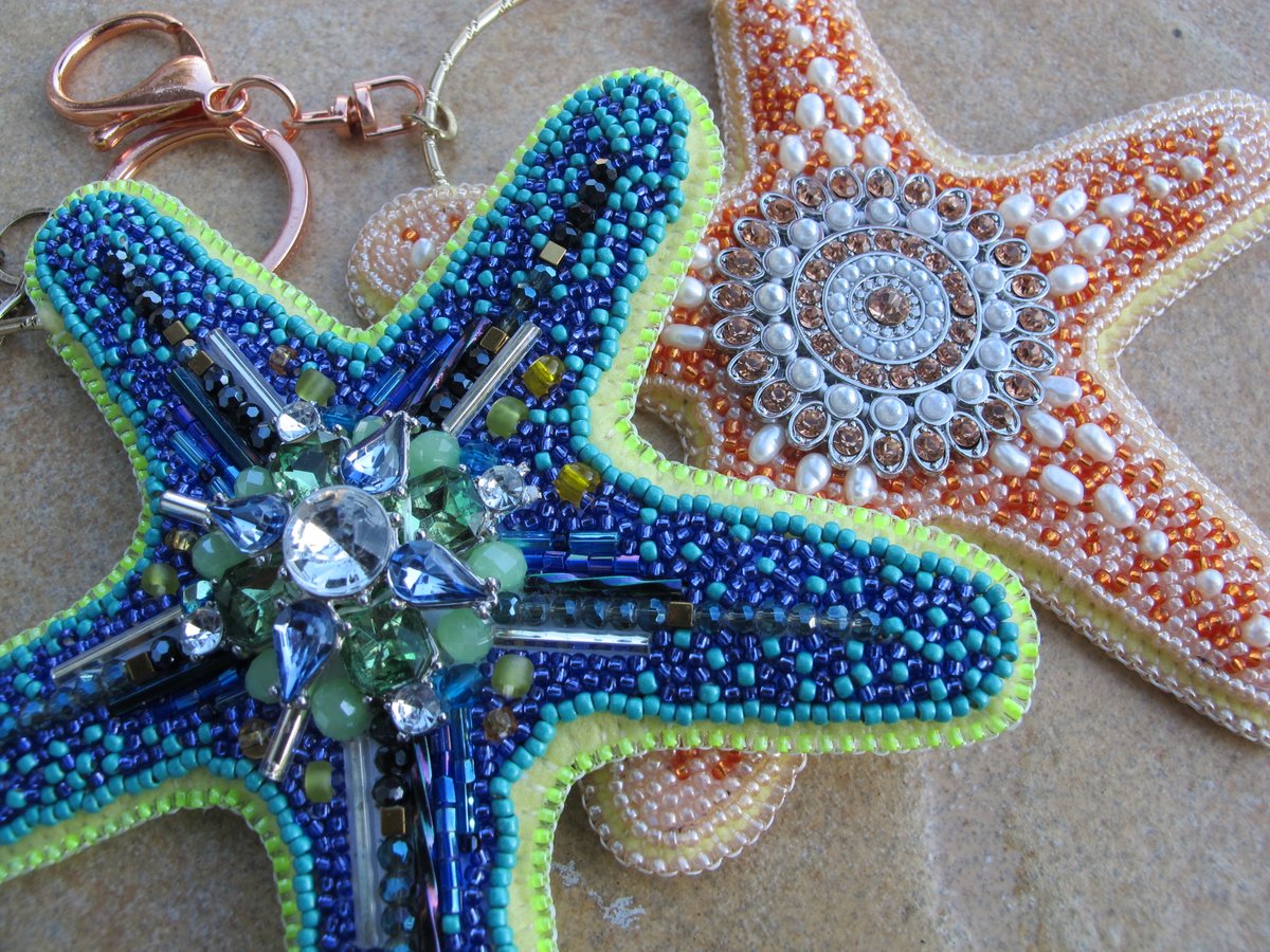 Finished starfishes 6 and 7 of ten - working on the last three this weekend #beadembroidery #starfish