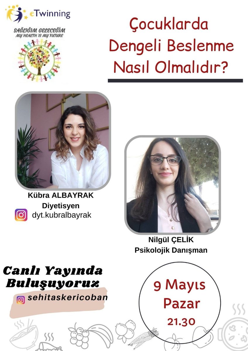 Projemiz Nisan ayı etkinliği olarak "Çocuklarda Dengeli Beslenme Nasıl Olmalı" konusuna Psikolojik Danışman Nilgül Çelik ve Diyetisyen Kübra Albayrak' la cevap arıyor. @askericoban instagram hesabından yayınlanacak söyleşiye hepiniz davetlisiniz.
<a href="/eTwinningDestek/">eTwinning Projects Dissemination</a>  <a href="/eTwinning_ist/">eTwinning İstanbul</a>