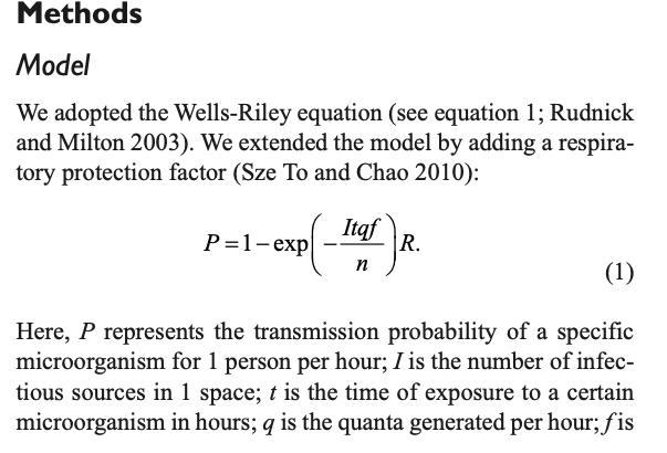 De studie met  @WCMQatar gebruikte de Wells-Riley equation waarin ook  #ffp2maskers werden gemodelleerd. De vergelijking is een goed gevalideerde mathematisch model met een sensitiviteitsanalyse.