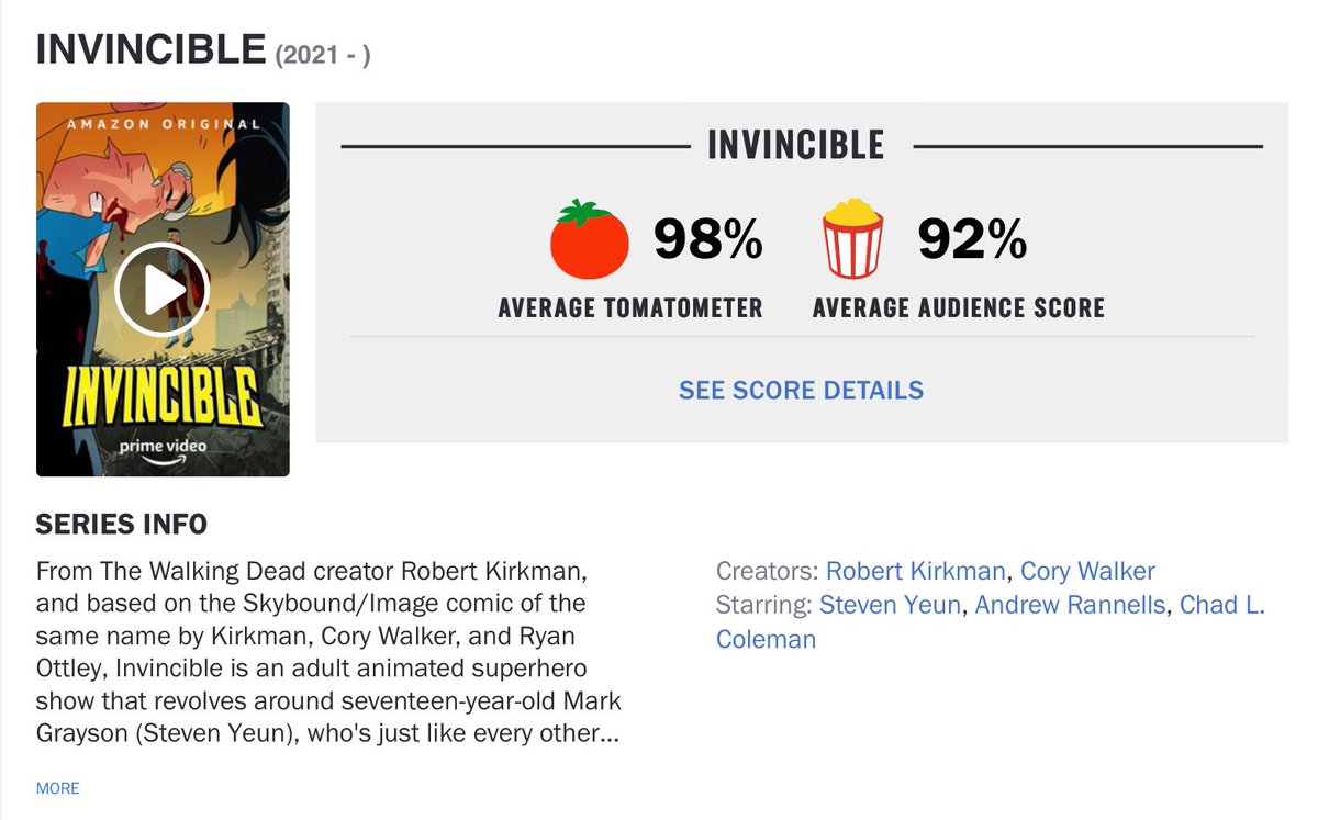🚨 [ATUALIZAÇÃO] 🚨

Nunca duvidamos, não é mesmo? Estabelecendo-se cada vez mais como uma das melhores produções do ano, #INVINCIBLE está com 98% da crítica do <a href="/RottenTomatoes/">Rotten Tomatoes 🍅</a> e 92%na visão do público. Hit que chama? 🗣️
