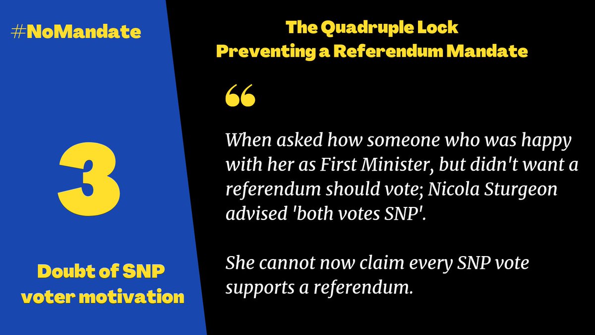 When asked how Scots who wanted her as First Minister but who *didn't* want a referendum should vote Nicola was clear -  #BothVotesSNP So  @theSNP votes are not a referendum mandate.  #NoMandate 