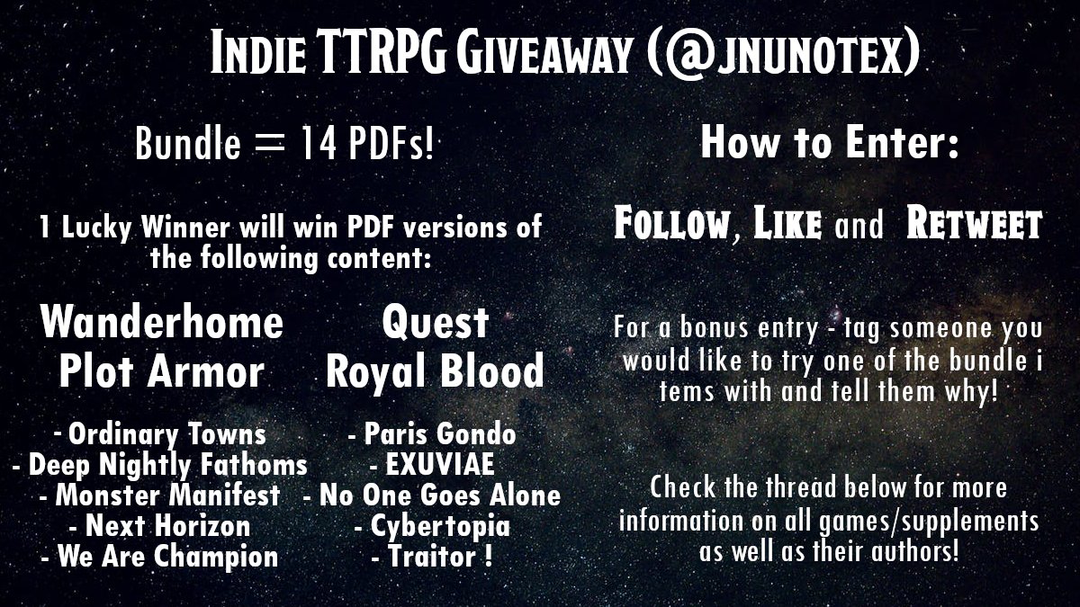 nunotxr's tweet image. ⚡️Indie #TTRPG Game/Supplement #Giveaway!⚡️

Here it is! Thank you all. Your continued support makes this journey very rewarding. 💙

This is the only tweet you need to interact with. Check the post image for prizes &amp;amp; how to enter!

Winner Draw Date: May 30th 🥳