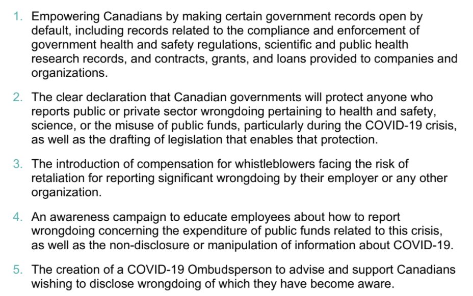 The Canadian COVID-19 Accountability Group's report is titled "Protecting Whistleblowers and Increasing Transparency in Canada in the Age of COVID-19." Here are the recommendations.  #bcpoli  #cdnfoi  https://drive.google.com/file/d/1dpm3eQqdfZGLy_YvyK6Sw59mjLA9V3Oa/view