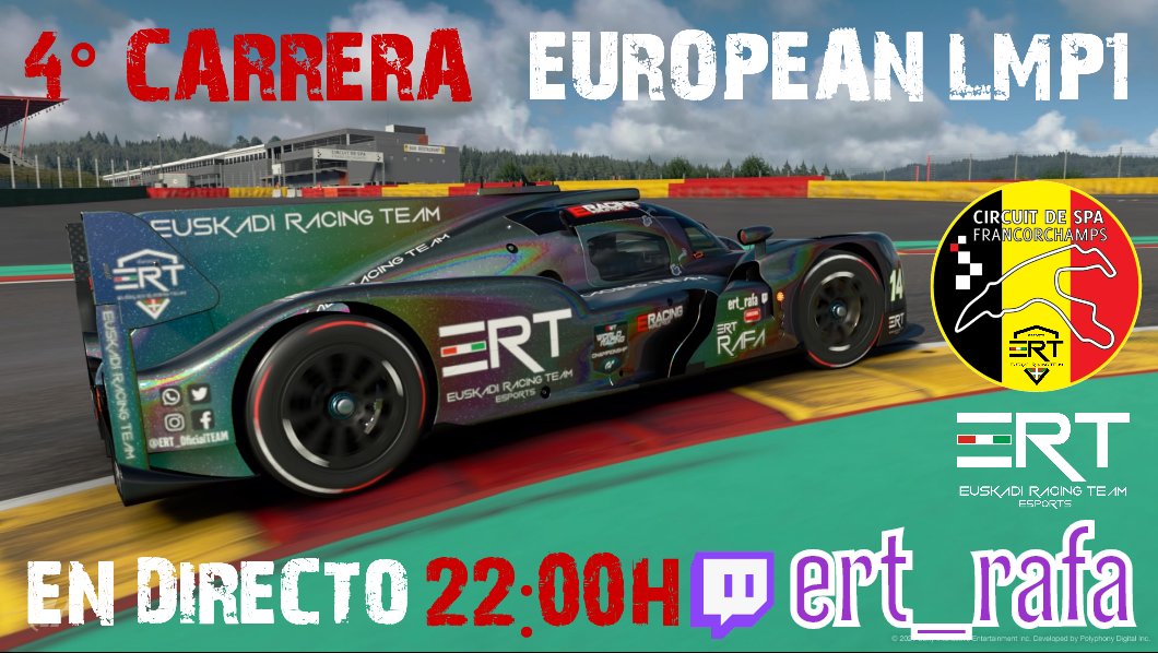 Llegamos a la 4° carrera del EUROPEAN LMP1 y donde nos vamos??? pues ni mas ni menos que a Spa.

🎙️<a href="/ERT_Rafa/">ERT_Rafa (kimaradi)</a>
🕙 22:00h
📺 twitch.tv/ert_rafa

Esperemos ver un buen espectaculo de estos pilotazos...os esperamos a todos en el directo.
MUCHA SUERTE Y A DISFRUTAR!!
