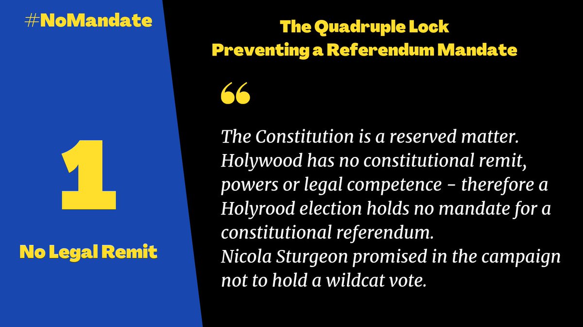  @NicolaSturgeon 's established acceptance of the  #S30 requirement proves she knows Holyrood has zero constitutional remit; and she has firmly promised voters no Catalan style illegal wildcat vote.  #NoMandate 