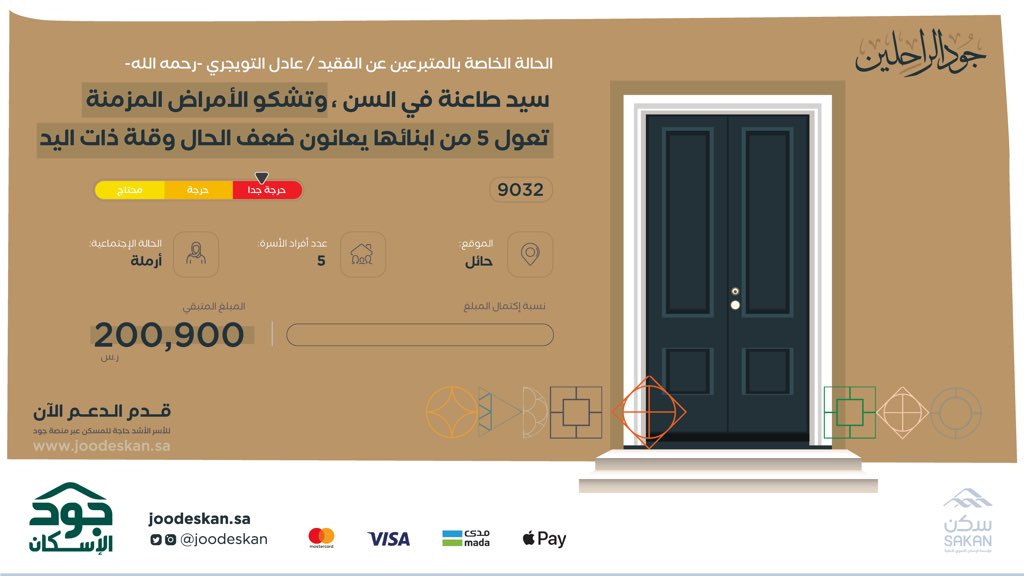 1SMi_'s tweet photo. 🚨 هذه الحالة من منصة @joodeskan لمن يريد التبرع عن الفقيد عادل التويجري رحمة الله ، ساهم او تبرع حسب مقدرتك وبنشر الحالة ❤️

- https://t.co/izo1N6PcuC 

#عادل_التويجري https://t.co/WjaRd7jdv0