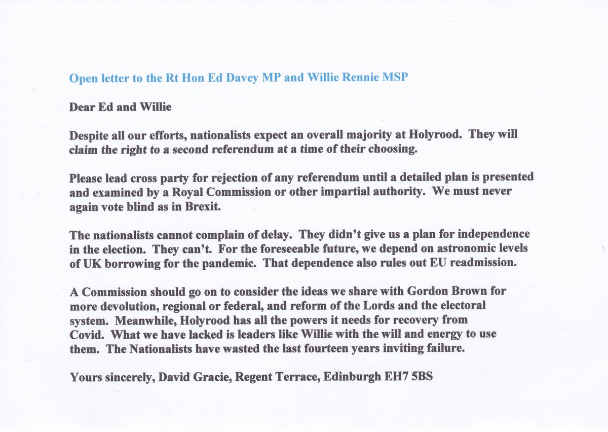 gracie_david's tweet photo. @michaelheseltine
Open letter to Ed Davey and Willie Rennie 
Please lead cross party for rejection of any referendum until a detailed plan is presented and examined by a Royal Commission or other impartial authority.  See below. https://t.co/mthbnKQb1b