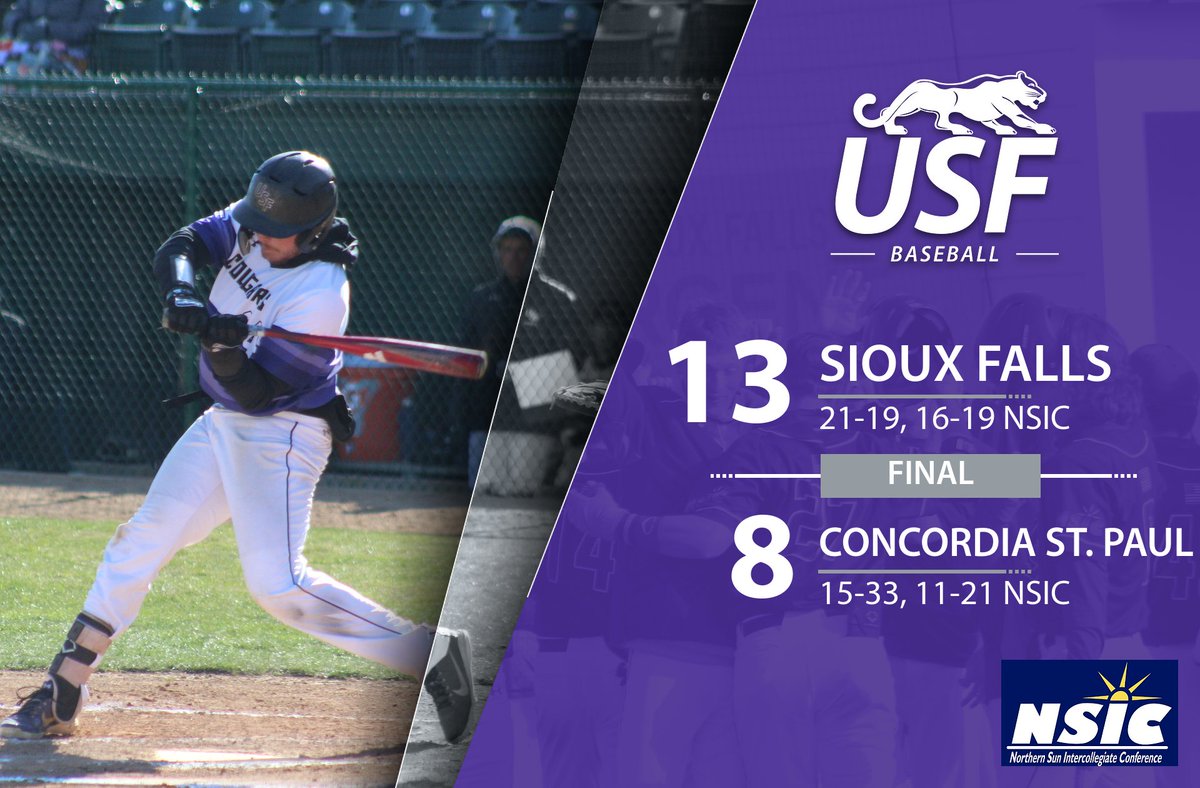 FINAL - @USF_Baseball (21-19, 16-19 NSIC), rallied behind bat of Grant Lung (career-best 5H, 4R, 5RBI, HR) &amp; pitching of Alex Krout (6IP, 5H, 0R) to earn a 13-8 W over Concordia SP &amp; unofficially qualify for <a href="/NorthernSunConf/">NSIC</a> Tourney for 1st time since 2016. 

#CooPride #NSICBase