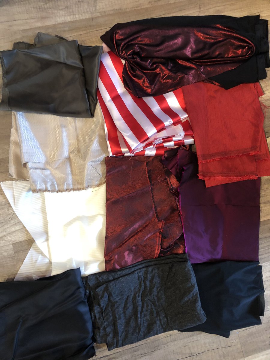Lot 4Various lining fabric scraps, grey ribbed jersey, metalic red spandex, purple silk scrap from Hamilton’s Thomas Jefferson coat, red poly duponi scrap