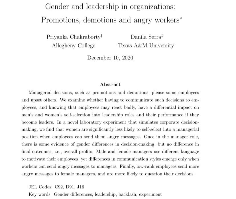 Danila Serra (@danilaserra_eco) on Twitter photo This rationalization of why women write fewer comments is quite plausible, and is in line with the findings of my paper with <a href="/witspar/">Priyanka Chakraborty</a>:
- when making choices that affect some people negatively, women get more backlash. This pushes them away: people.tamu.edu/~dserra/SerraD… This rationalization of why women write fewer comments is quite plausible, and is in line with the findings of my paper with <a href="/witspar/">Priyanka Chakraborty</a>:
- when making choices that affect some people negatively, women get more backlash. This pushes them away: people.tamu.edu/~dserra/SerraD…
