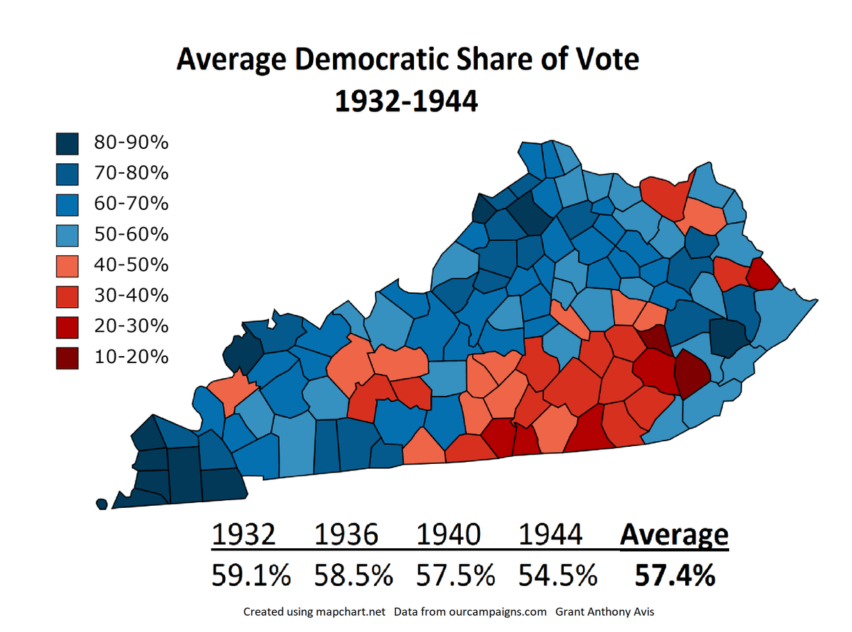 What makes a place historically Democratic? One way to define this in Kentucky would be seeing how willing a county was to vote for FDR. I averaged FDR's % of the vote in each county in his 4 elections, and got the map below. This largely reflected partisanship in KY for decades!