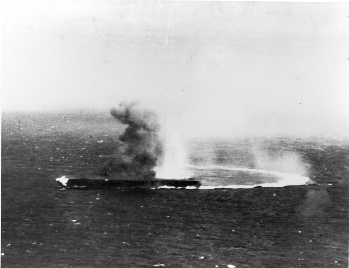 The two 1000 pound bomb hits on the Shokaku from Yorktown's SBD's cause significant fires in the carrier with the damage from Powers bomb evident from the smoke coming from by the carriers island. However, despite the light anti-aircraft fire, Yorktown's torpedo bombers all miss.