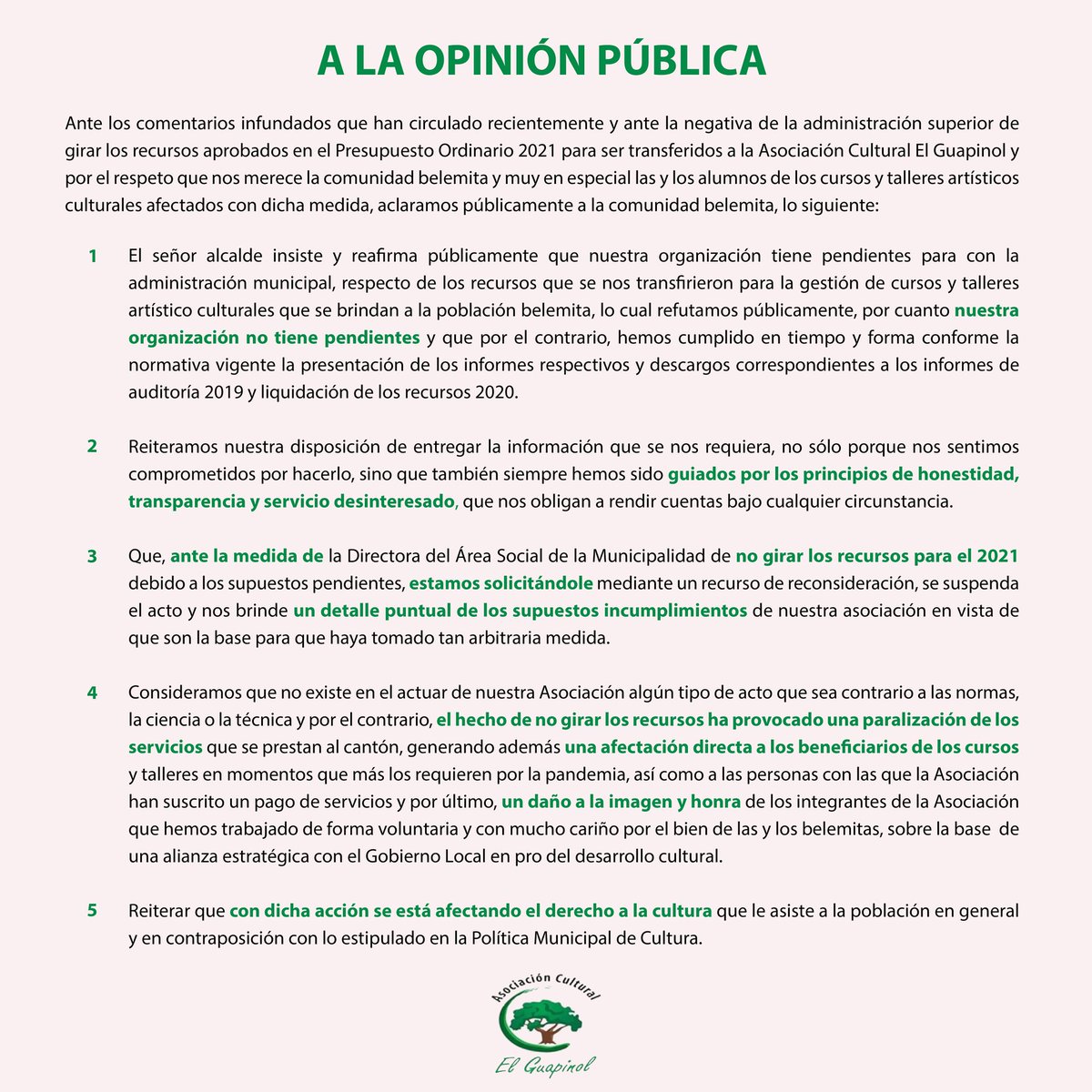 PeriodicoGuacho's tweet photo. 📰 | Guapinol desmiente declaraciones del alcalde que pretendían justificar la negativa a depositar fondos para cultura.

#cultura
#Belen

https://t.co/QQvvXbM6Gs https://t.co/QuPuUJ1WOc