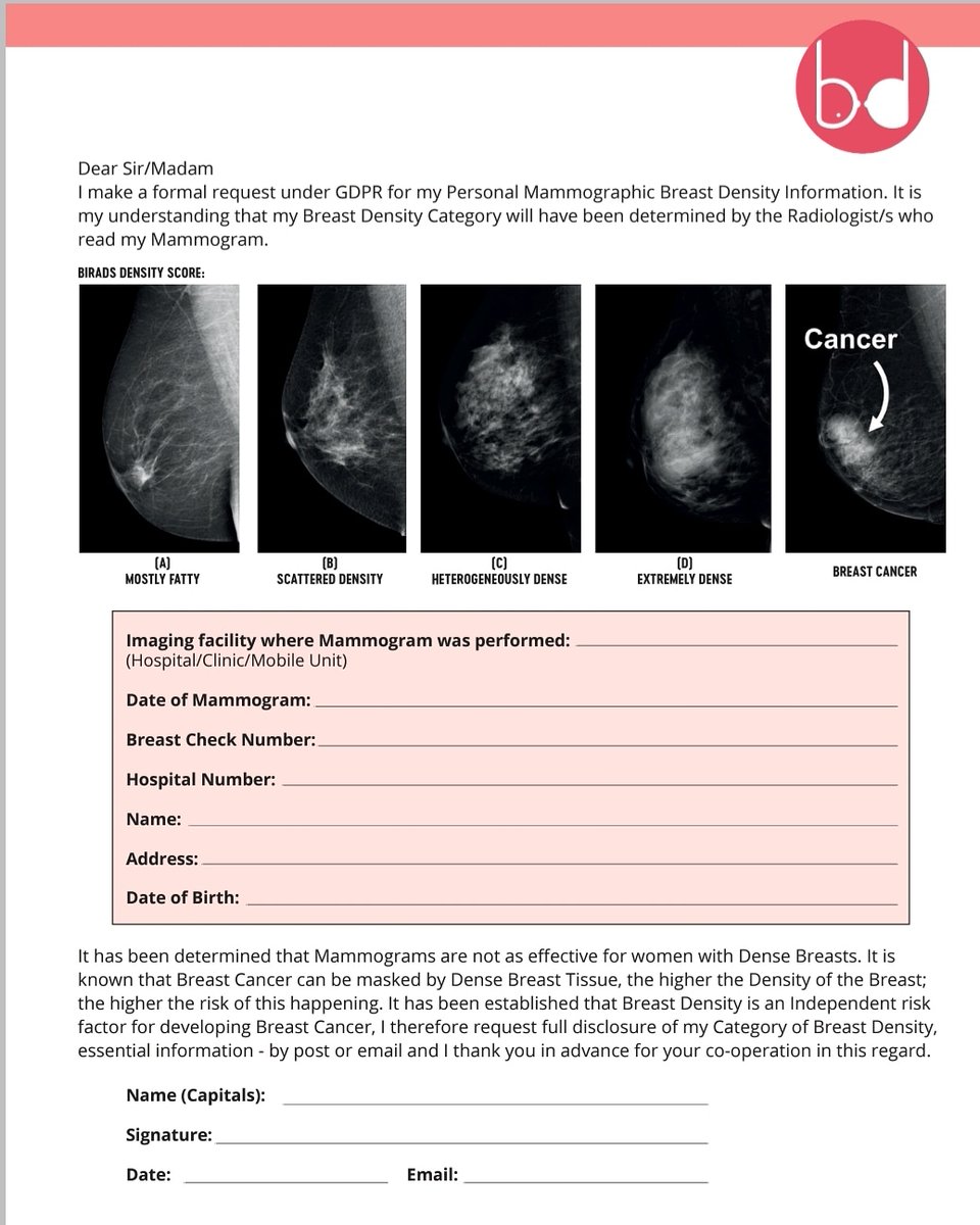 BreastDense's tweet photo. All women who have a Mammogram should know what their category of #Breastdensity is Download a printable Request Form here ⬇️ submit to the Mammogram Facility
https://t.co/PwYZaLNGAA
An Independent risk factor for developing #BreastCancer
#YourDensityMatters https://t.co/WlukQK6cpB
