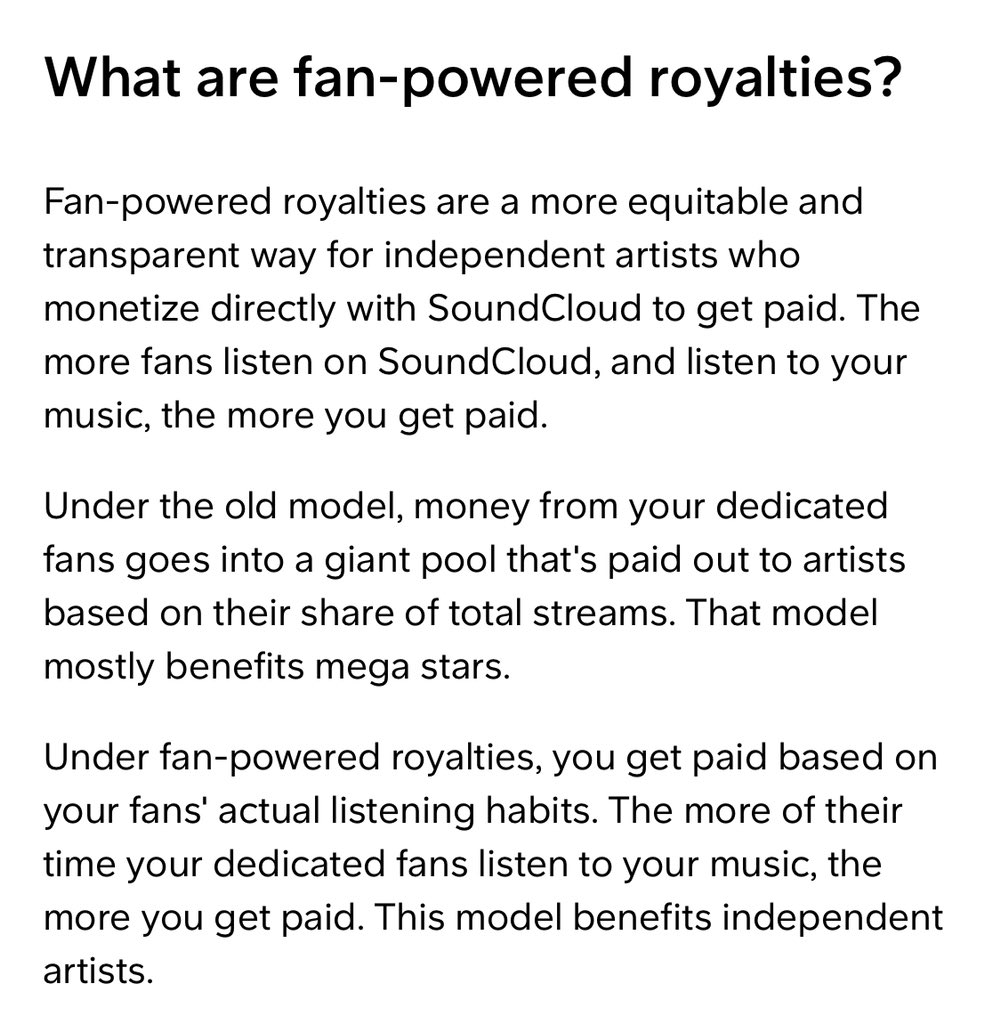 What makes SoundCloud so great though?Well, Souncloud introduced fan-powered royalties. If you are a paid subscriber who listens to TY most of the time, most of your money goes to TY.