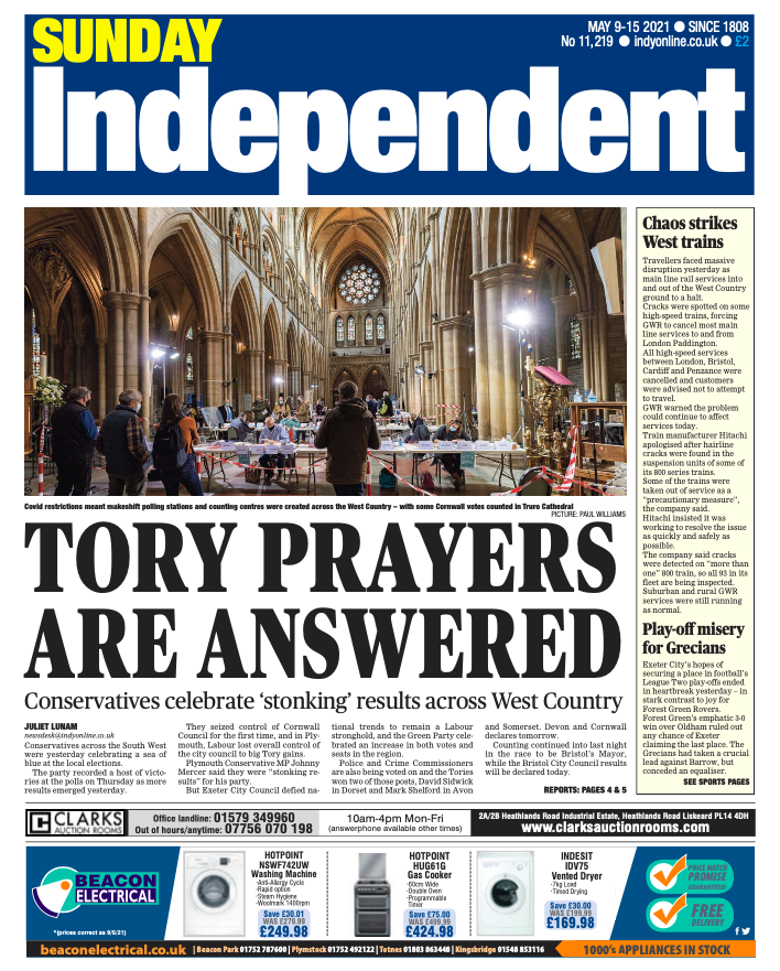 thesundayindy's tweet photo. 🗞️Your latest essential Sunday companion for everything West Country is on sale now.

🔵Conservative election gains
🦁@ExeterChiefs' stars win Lions call
⚽️ Play-off heartache for Grecians
➕Opinion, 'Good Times', puzzles, tv and more

In store or online➡️https://t.co/uBVhMk7huP https://t.co/hpL9nAYsBK