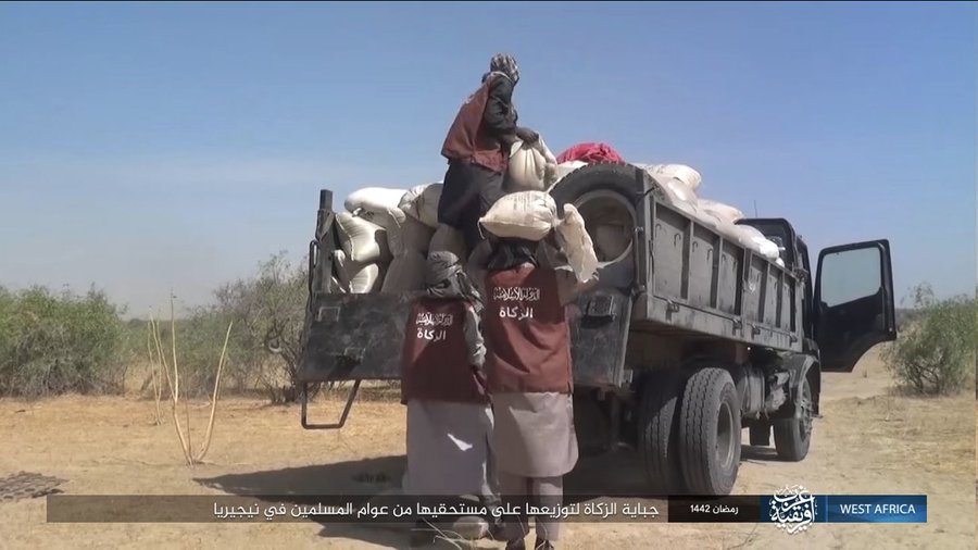 Pictures showing the distribution of Zakat/charity in ISWAP controlled territory. Charity, safe passage/clearance for livelihood etc are part of the group's non-kinetic activities.