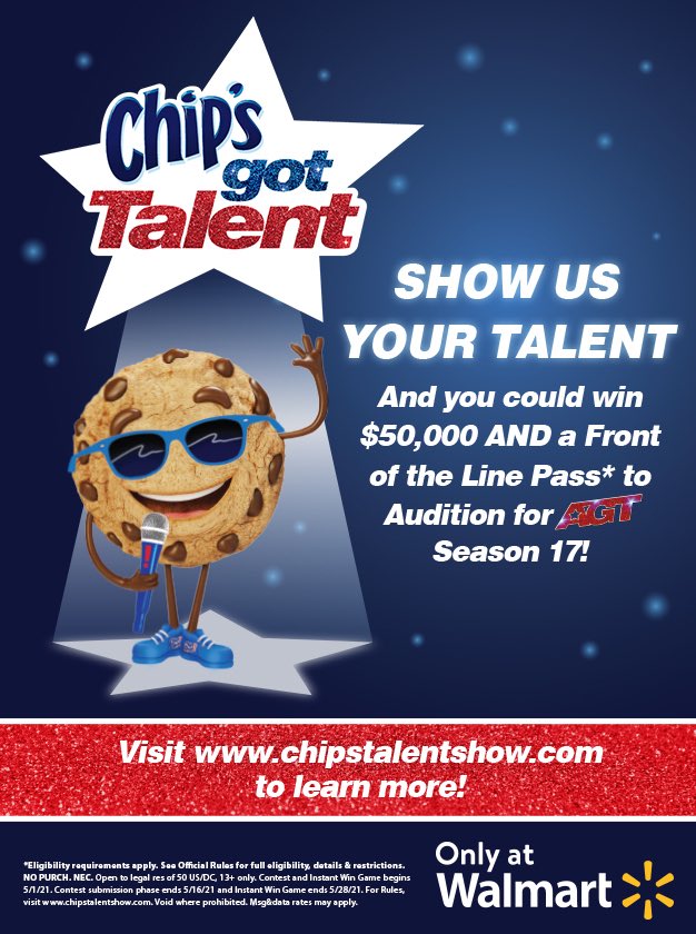 #ad <a href="/ChipsAhoy/">Chip</a> is partnering with America’s Got Talent for #chipsgottalentshow!Upload your talents to chipstalentshow.com for a chance to win $50,000 &amp; skip the line/go straight to the AGT Season 17 auditions! Try Golden Chips Ahoy!bit.ly/3awAz4k @walmart #chipsahoy
