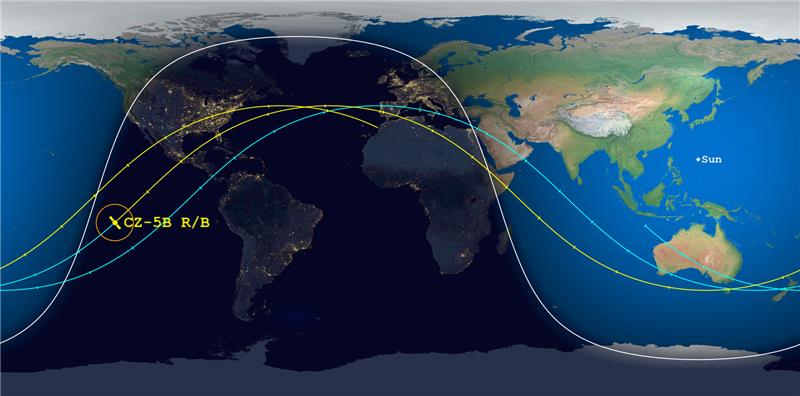 UPDATE Our latest prediction for  #LongMarch5B CZ-5B rocket body reentry is  09 MAY 2021 03:02 UTC ± 2 hours along the ground track shown here. 1/