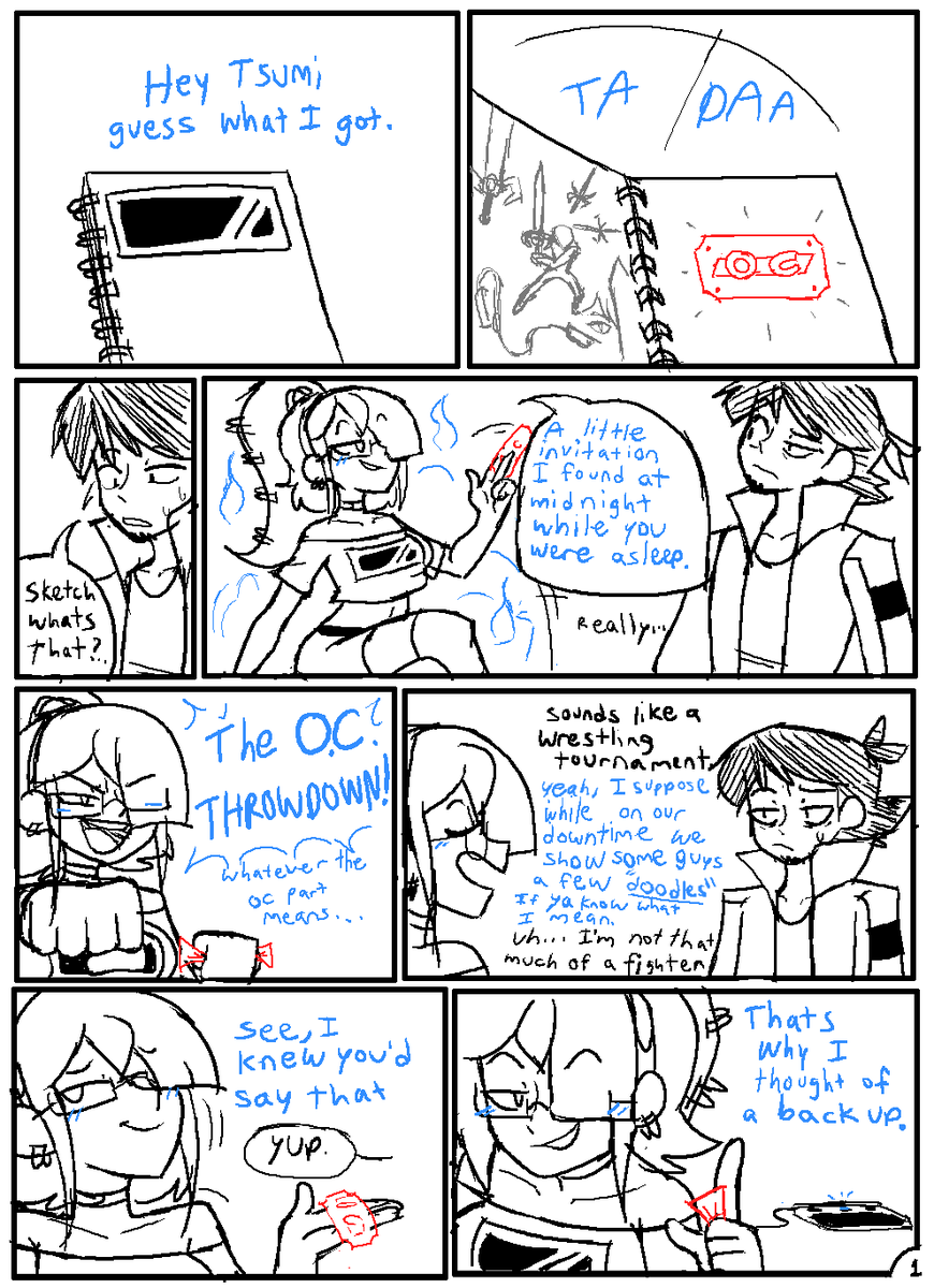 BrodTsumi's tweet photo. Thought it'd be fun to doodle a lil' comic of Tablet's inclusion. ft. Sketch and Tsumi. #octhrowdown https://t.co/RES2iKUzUx