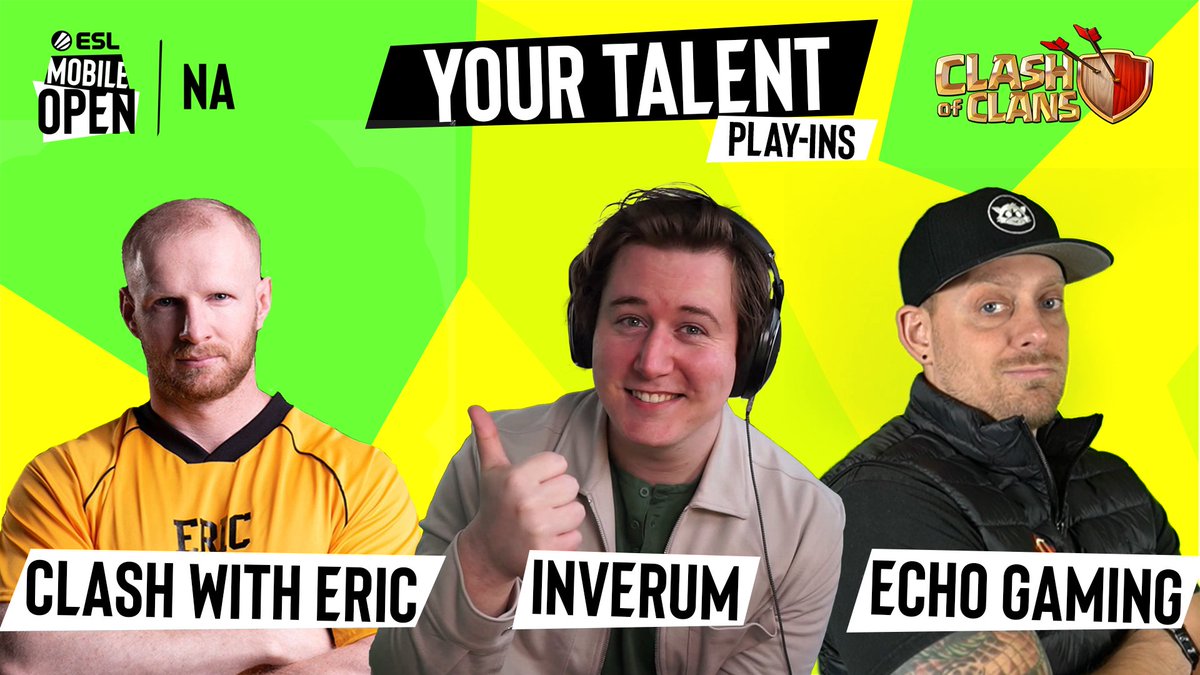 ESLClashofClans's tweet photo. Tonight's show is going to be a banger 😎

Joining us for the NA #ESLMobile Clash of Clans Play-In this evening is @EricOneHive, @InVerumGaming, and @EchoThruMe! 

Watch the games live at 4:30 PM PT!

📺 https://t.co/hjjoZQAeJX
📺 https://t.co/CUxcsOpJBZ https://t.co/oUKyouCGXs