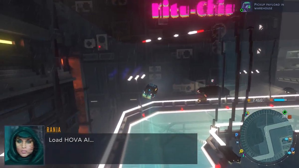 Screenshot from Cloudpunk where a character says "Load HOVA AI"