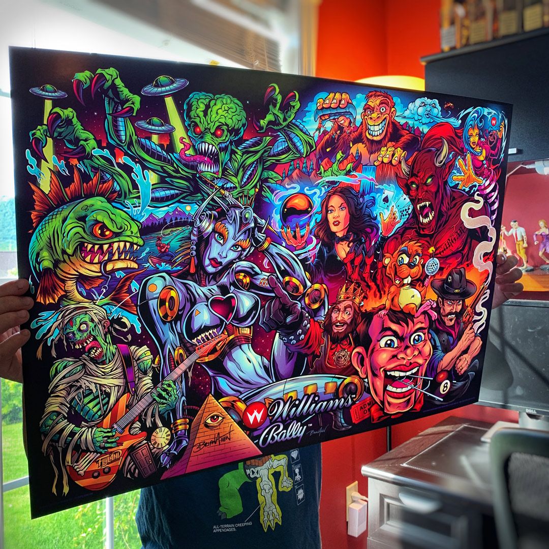 flylanddesigns's tweet photo. Mashup of Classic Williams/Bally characters I illustrated a while back - available on large flexible plastic Translites, for pinball machines and lightboxes.
https://t.co/QS45gwIzFl
#monsterbash #williams #translite #pinballart #pinballartwork #pinball #pinballmachine #backglass https://t.co/iCsrz5yVPZ