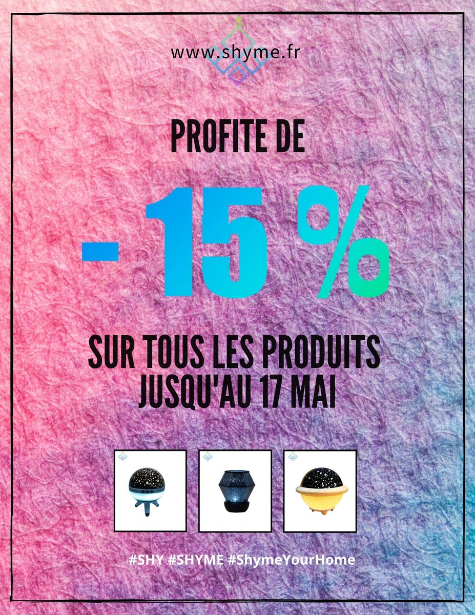 Shymeofficial_'s tweet image. Hey you did not know it yet? 😱
-15% on all Shyme products 🥳🤩
shyme.fr 🚀🌌
- - - - - - - -    - - - - - - - - -
Hey tu ne le savais pas encore ? 😱
-15% sur TOUS les produits Shyme 🥳🤩
Jusqu’au 17 MAI sur  🚀🌌
#SYH #SHYME #ShineYourHome