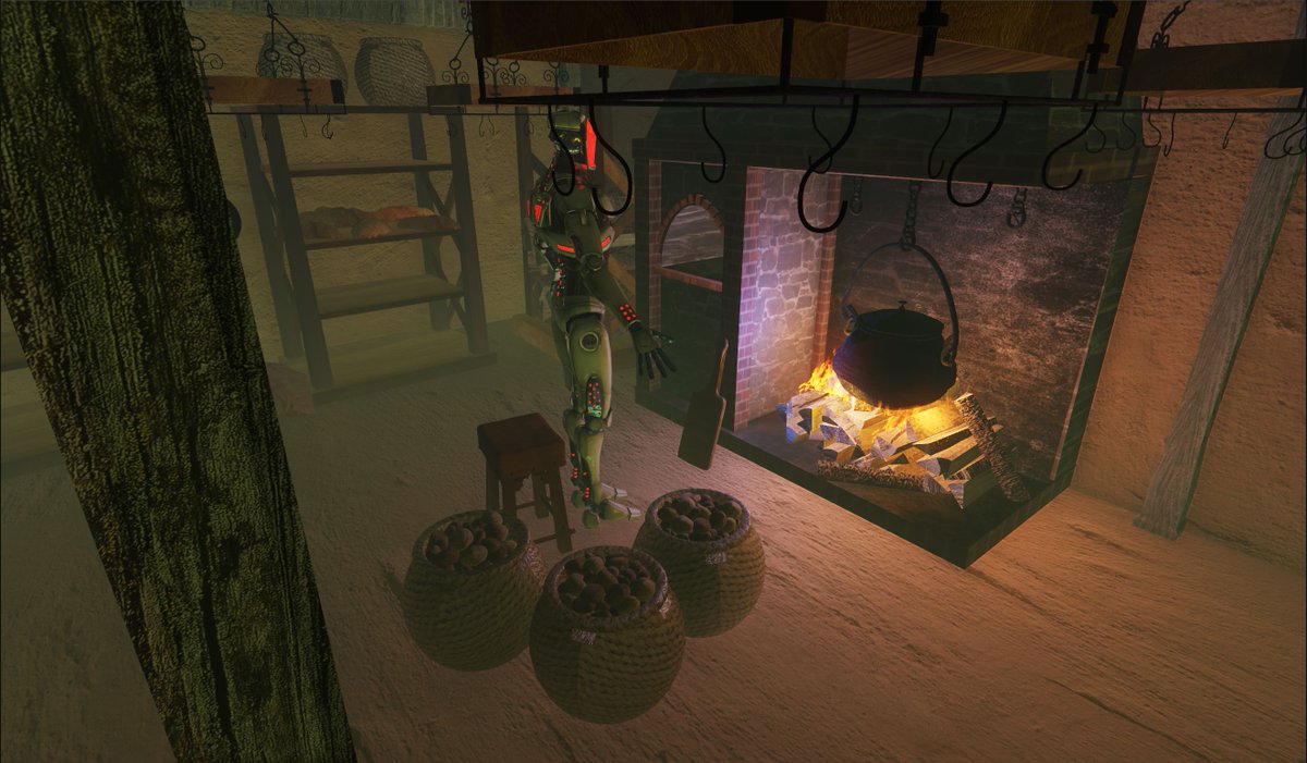 nealiios's tweet photo. I'm worried about our perpetually-armored friend Burt at The Stranger Inn. This week he's been making potato soup almost non-stop, and he's almost entirely depleted the village's stock of potatoes. #screenshotsaturday   #betrayalatkrondor #itsonlyamodel #Blender #AmazonLumberyard https://t.co/DpuXERIEsH